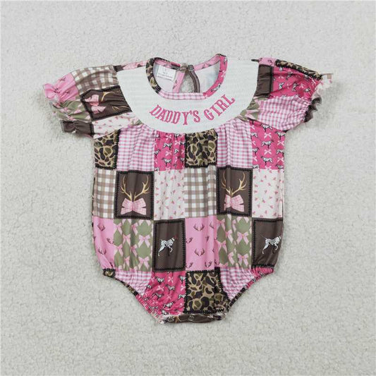 SR3778 Embroidered Daddy's Girl Camouflage Patchwork Plaid Pink Short-Sleeve Jumpsuit