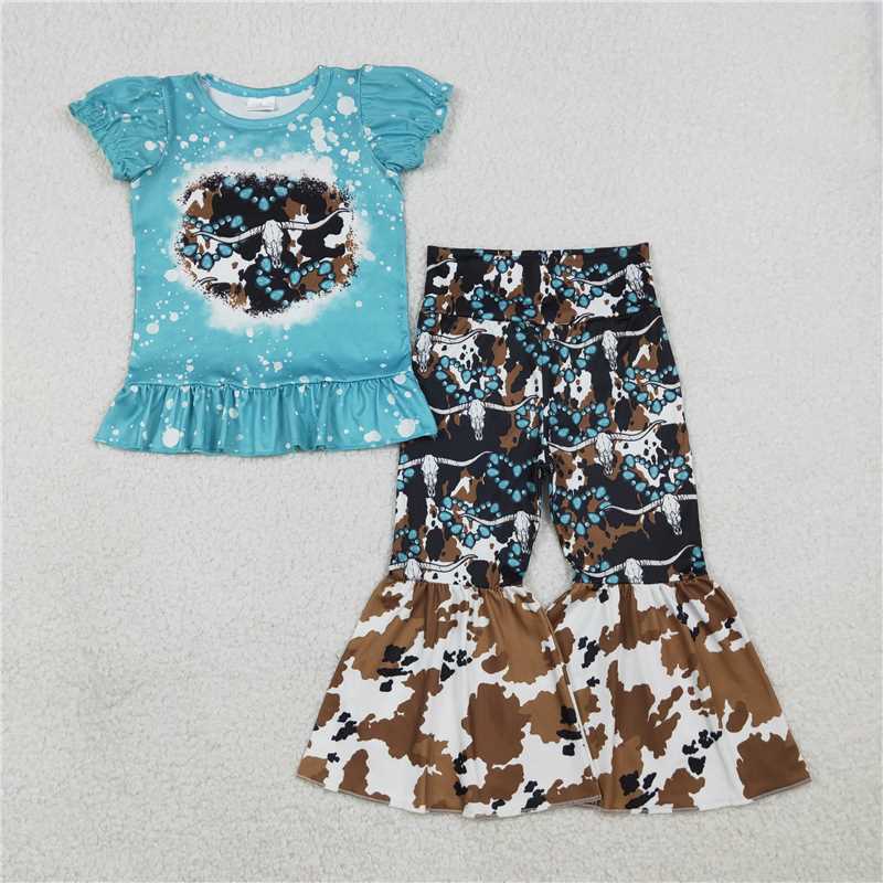 X1.17  GSPO2116 Alpine Bull's Head Emerald Ink Painting Pattern Short-Sleeve Pants Set