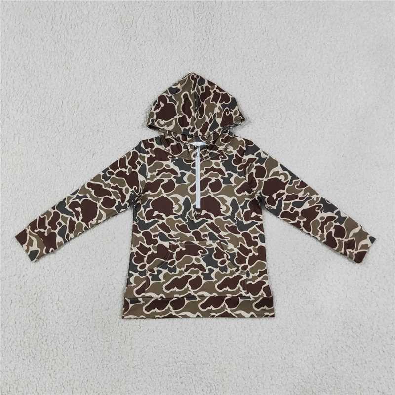 RTS NO MOQ Sibling Mama and Me Boys Long Sleeve Dark Khaki Camo Zip Pocket Hoodies Top
