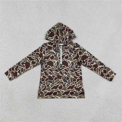 RTS NO MOQ Sibling Mama and Me Boys Long Sleeve Dark Khaki Camo Zip Pocket Hoodies Top