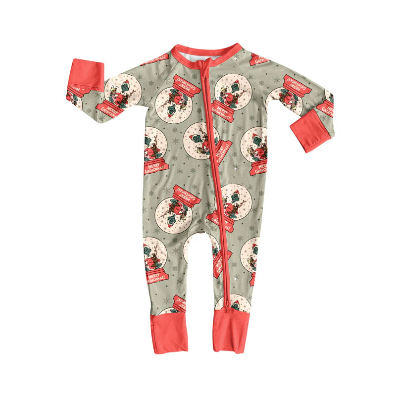 8.4Preorder(moq 5)Baby Infant Boys Green Face Merry Christmas Zipper Rompers