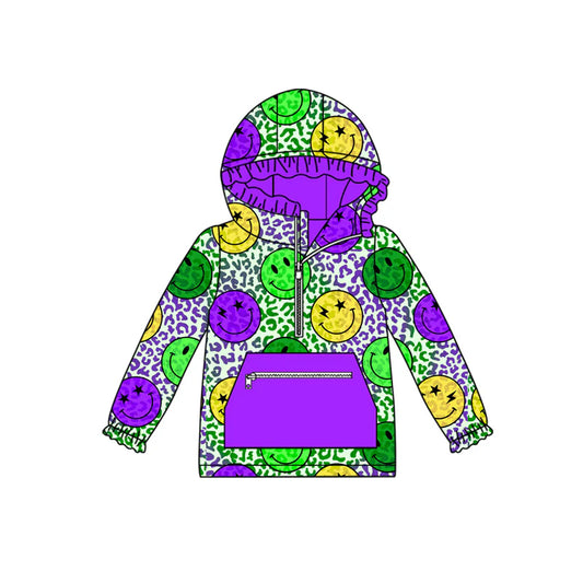 X909Preorder (moq 5)Baby Girls Purple Yellow Green Smiles Leopard Pockets Zipper Hoodies Top