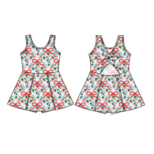 8.4Preorder (moq 5)Baby Girls Red Bows Strawberry Plaid Shorts Knee Length Dresses