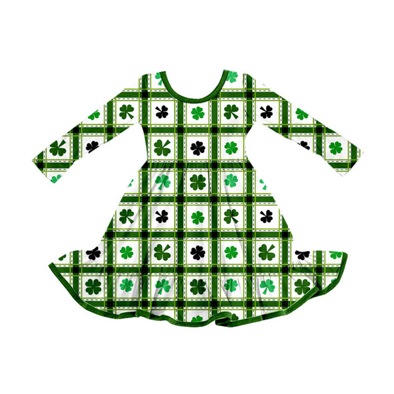 X926Preorder (moq 5)Baby Girls Clovers Checked St Patrick Ruffle Knee Length Dresses