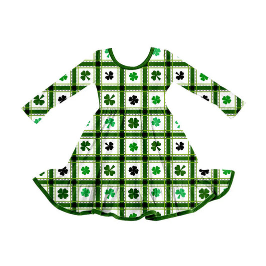 X926Preorder (moq 5)Baby Girls Clovers Checked St Patrick Ruffle Knee Length Dresses
