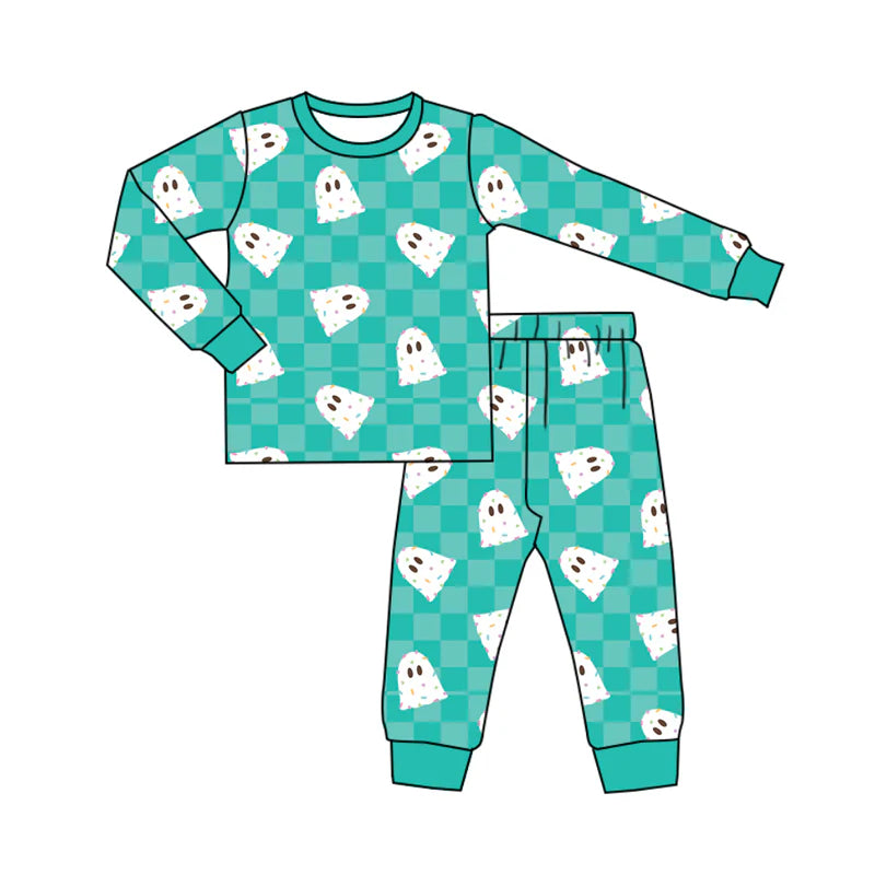 7.12Preorder (moq 5)Baby Boys Blue Long Sleeves Ghosts Plaid Top Pant Pajamas Set