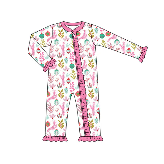 7.15Preorder (moq 5)Baby Girls Pink Long Sleeves Pumpkins Floral Ruffle Zipper Romper