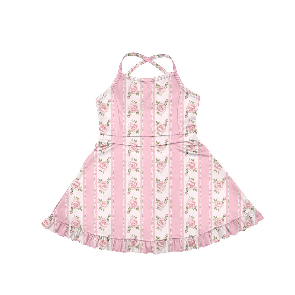 7.31Preorder(moq 5) Baby Girls Strap Pink Flower Stripe Shorts Ruffle Knee Length Dresses