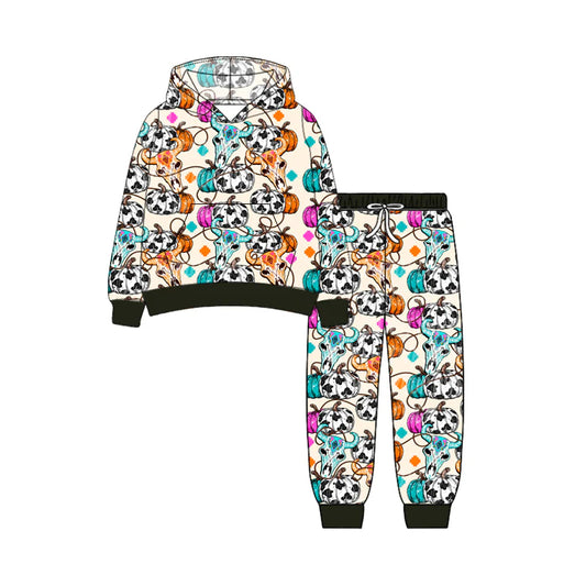 7.10Preorder (moq 5)Baby Girls Long Sleeves Pumpkins Bull Skull Pockets Hoodie Pant Clothes Set