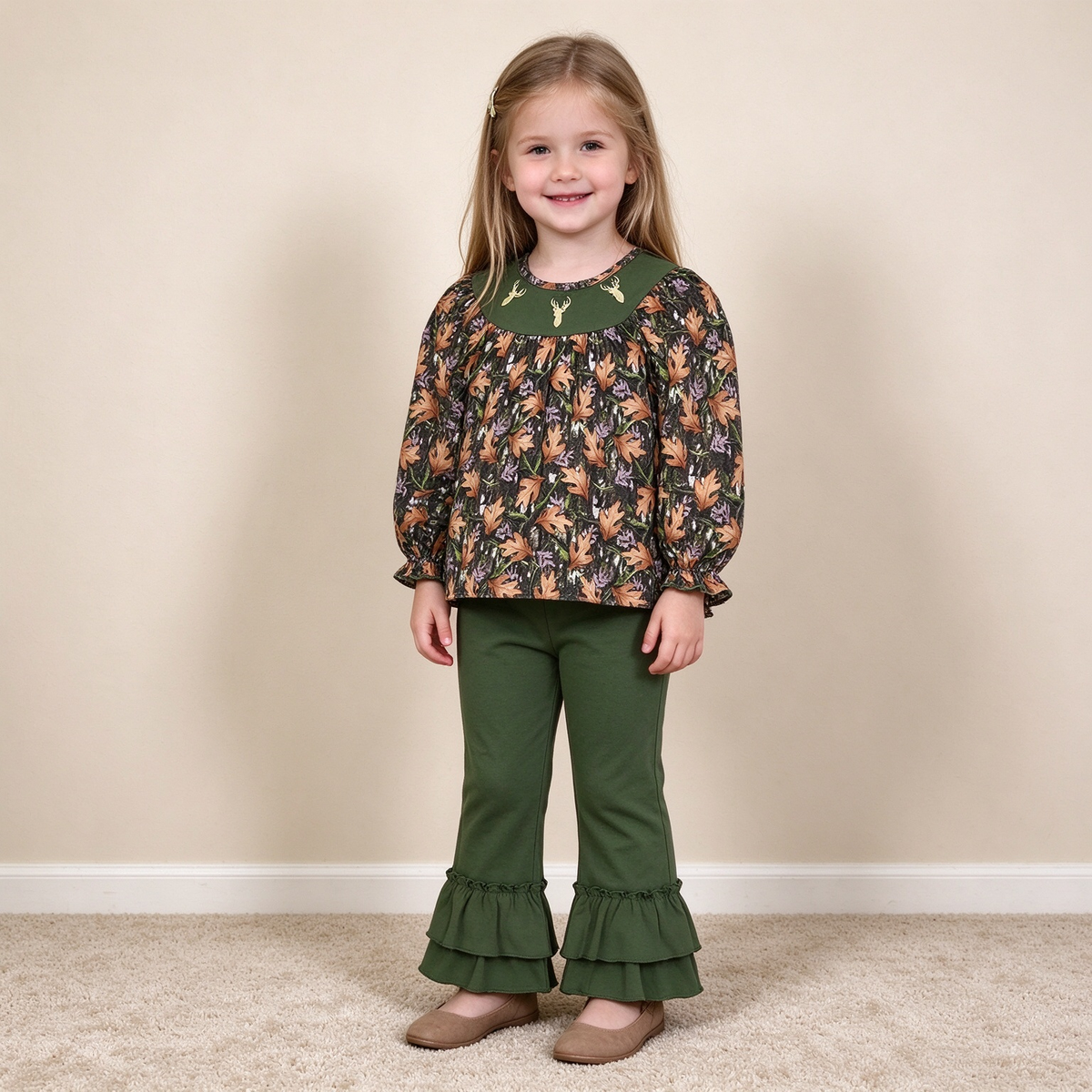 NEW RTS NO MOQ milk silk GLP2908 Embroidery Deer Baby Girls Green Leaves Camo Tunic Ruffle Pants Hunting Clothes Set