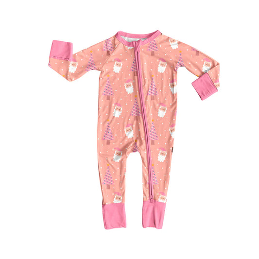 7.15Preorder (moq 5)Baby Girls Peach Long Sleeves Santa Trees Plaid Zipper Romper