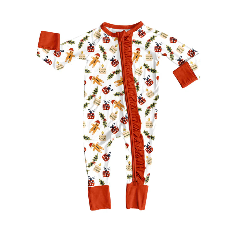 8.13Baby Girls Christmas Gingerbread Gifts Zipper Footie Rompers