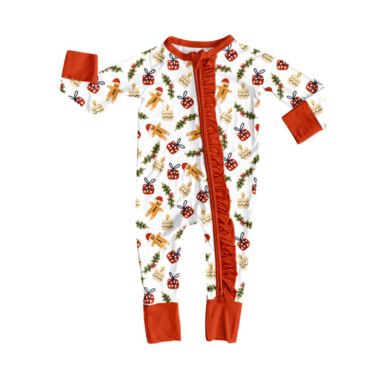 8.13Baby Girls Christmas Gingerbread Gifts Zipper Footie Rompers