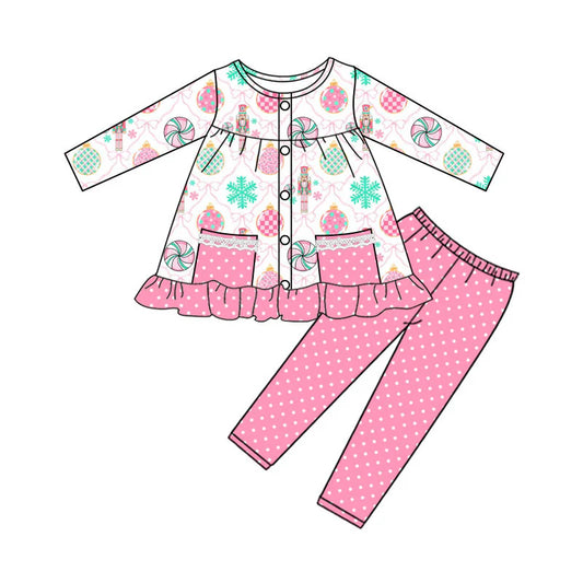 X927Preorder (moq 5)Baby Girls Bows Soldiers Button Pockets Tunic Leggings Christmas Clothes Sets