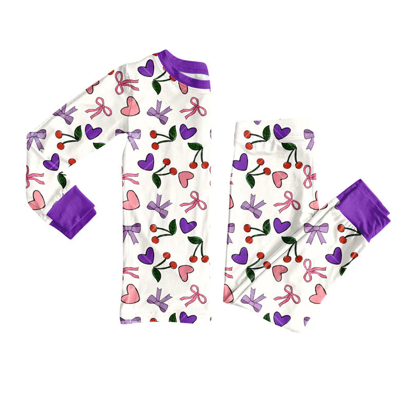 X919Preorder (moq 5)Baby Girls Pink Purple Bows Hearts Cherry Top Pants Valentine Pajamas Sets