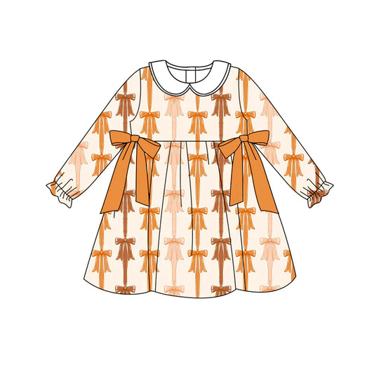 7.12Preorder (moq 5)Baby Girls Long Ruffle Sleeves Yellow Bows Stripes Knee Length Dresses