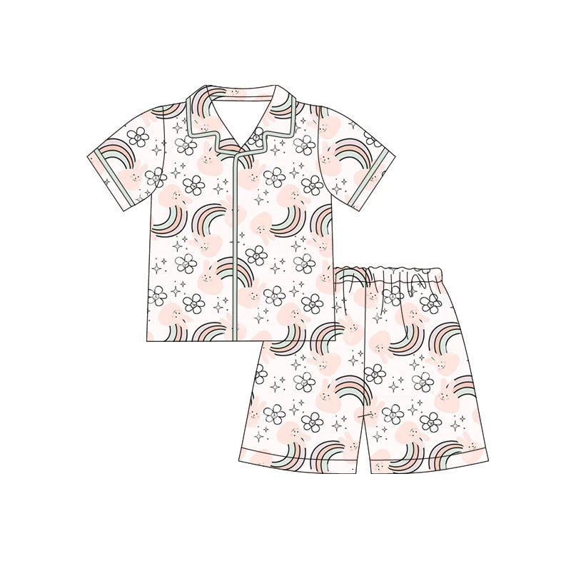 X12.17 Preorder (moq 5)Baby Girls Rabbits Rainbows Flowers Button Top Shorts Easter Pajamas Sets