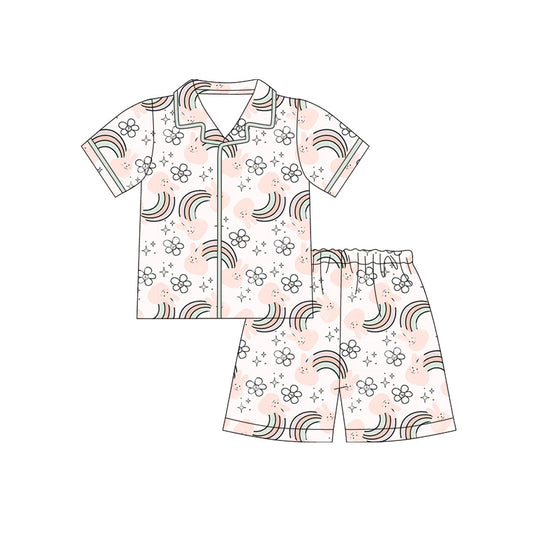 X12.17 Preorder (moq 5)Baby Girls Rabbits Rainbows Flowers Button Top Shorts Easter Pajamas Sets