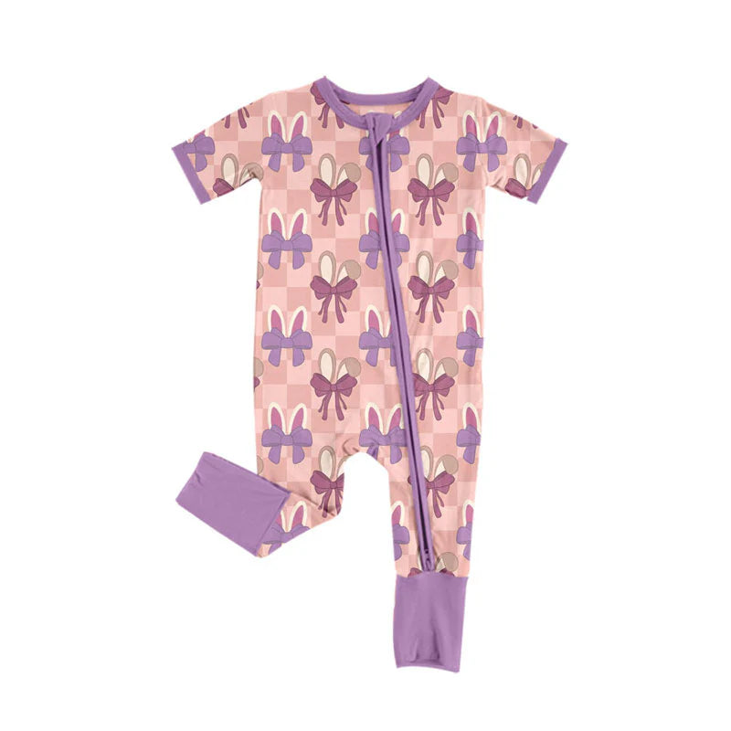 X919 Preorder (moq 5)Baby Boys Pink Checked Rabbits Bows Easter Zipper Footie Rompers