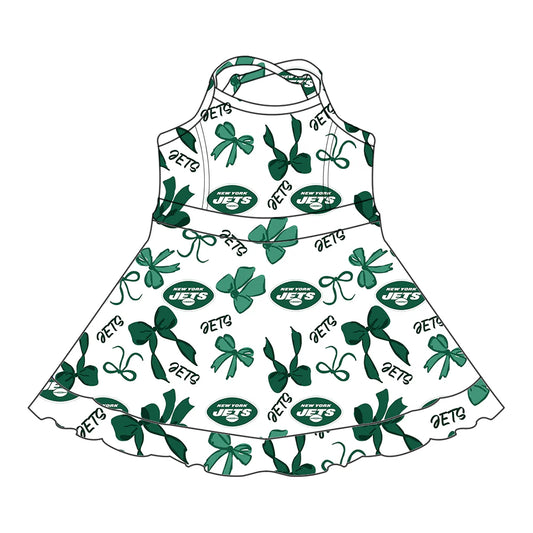 7.2Preorder (moq 5)Baby Girls Strap Green Bows Plaid Jets Short Ruffle Team Knee Length Dresses