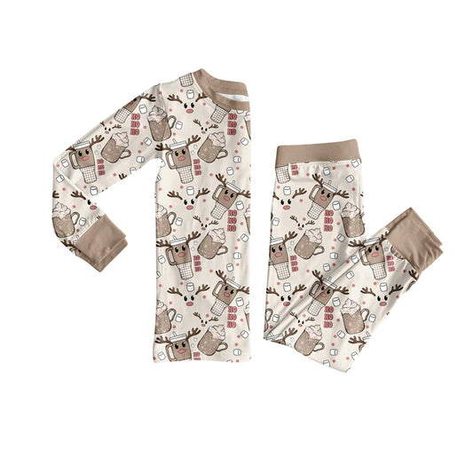 7.30Preorder(moq 5) Baby Girls Long Sleeves Khaki Deer Cups Plaid Top Pants Pajamas Set