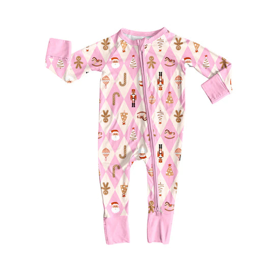 7.15Preorder (moq 5)Baby Girls Long Sleeves Pink Santa Gingerbread Soldiers Plaid Zipper Romper