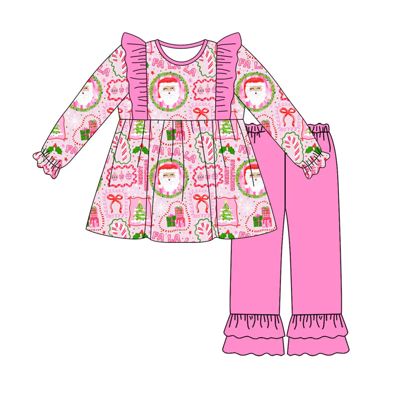 7.21Preorder (moq 5)Baby Girls Long Sleeves Pink Bows Santa Plaid Tunic Ruffle Pants Set