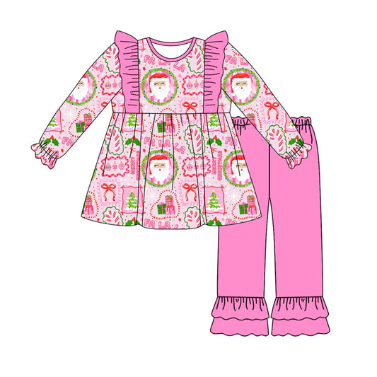 7.21Preorder (moq 5)Baby Girls Long Sleeves Pink Bows Santa Plaid Tunic Ruffle Pants Set