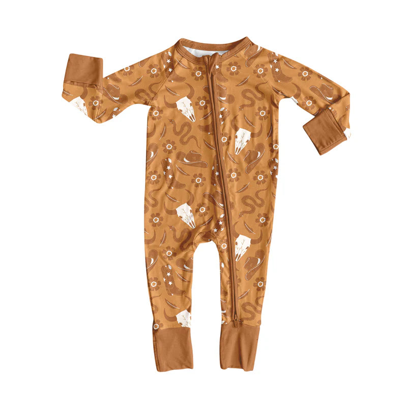 8.13Preorder(moq 5)Baby Boys Western Brown Cows Boots Zipper Footie Rompers