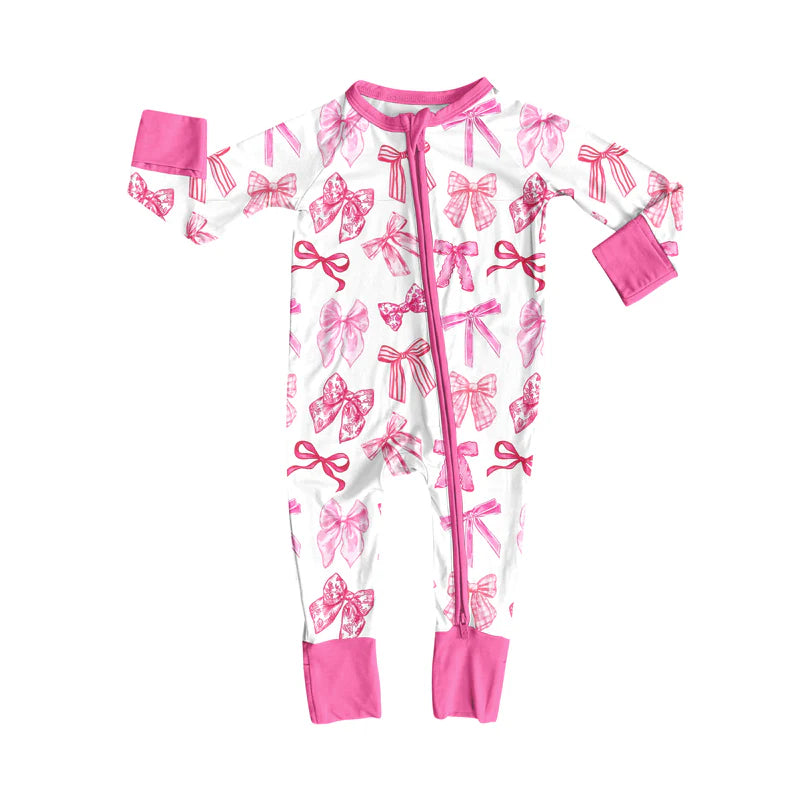 7.19Preorder(moq 5)Baby Kids Pink Bows Plaid Zipper Pant Rompers