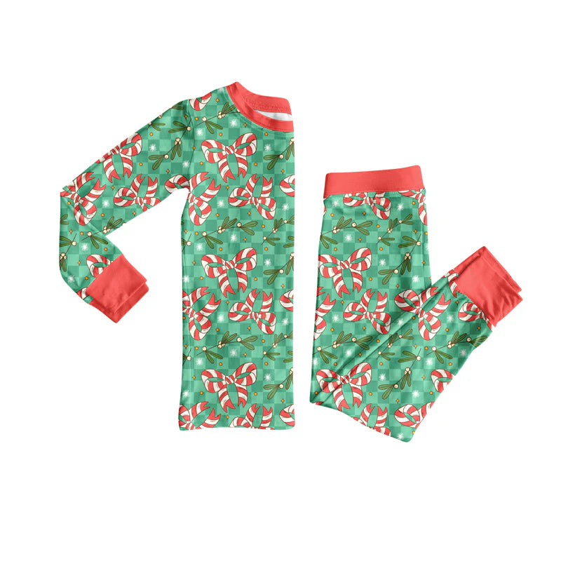 8.8Preorder(moq 5) Baby Girls Holly Plaid Candy Cane Bows Top Pants Christmas Pajamas Set