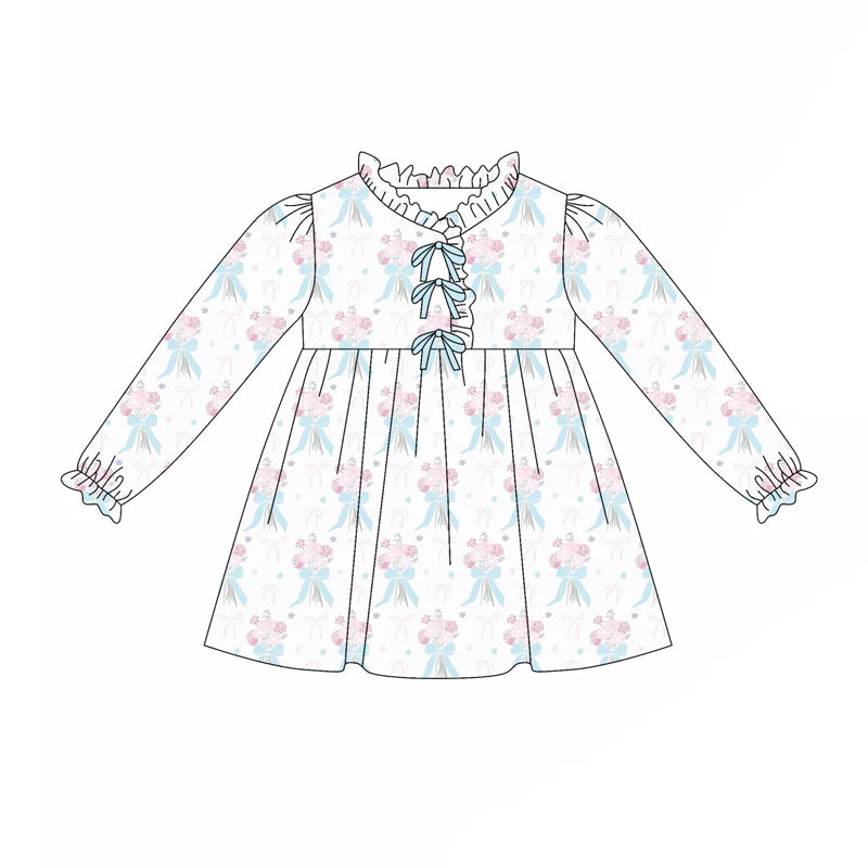 7.31preorder(moq 5) Baby Girls Long Ruffle Sleeves Blue Bows Flowers Plaid Knee Length Dresses