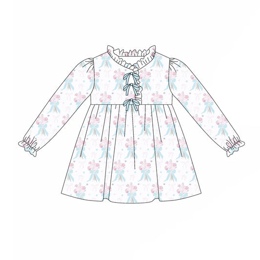 7.31preorder(moq 5) Baby Girls Long Ruffle Sleeves Blue Bows Flowers Plaid Knee Length Dresses
