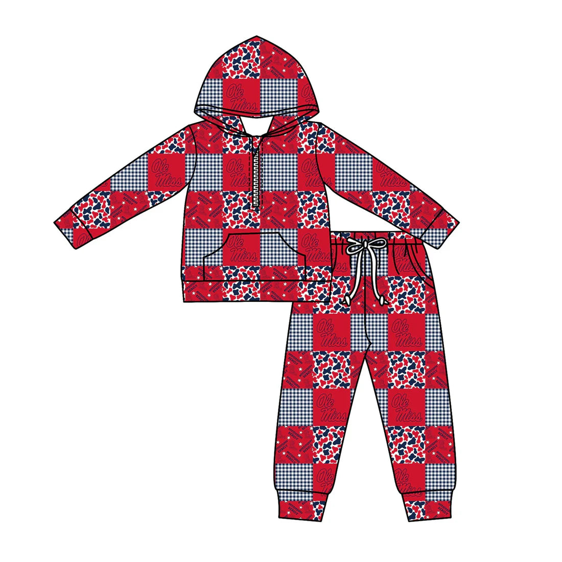 X11.3Preorder (moq 5)Baby Boys Camo Ole Miss Checked Zipper Pockets Hoodies Pants Team Clothes Sets