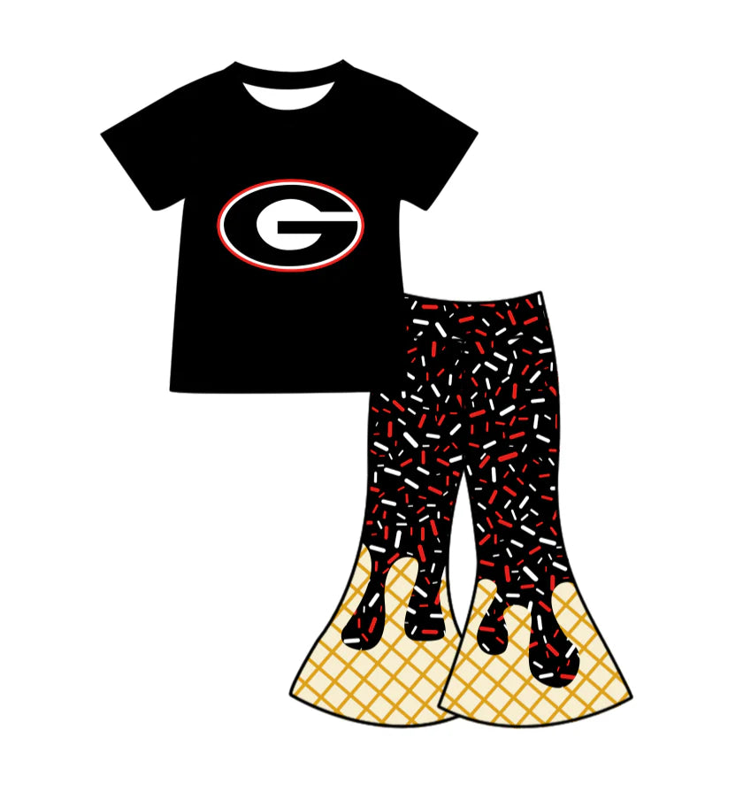 X12.1Preorder (moq 5)Baby Girls Black G Top Drip Sprinkles Bell Bottom Pants Team Clothes Sets
