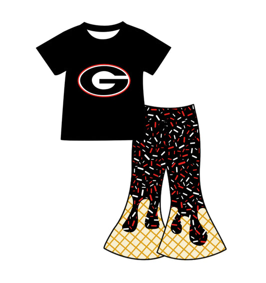 X12.1Preorder (moq 5)Baby Girls Black G Top Drip Sprinkles Bell Bottom Pants Team Clothes Sets