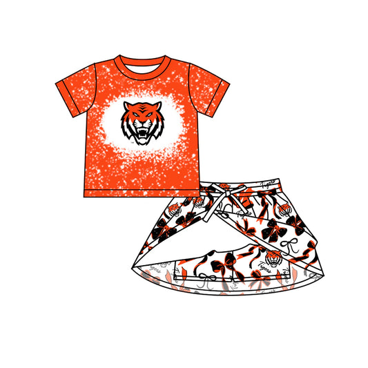 7.5Preorder (moq 5)Baby Girls Short Sleeves Orange Tigers Top Bows Skorts Team Sets