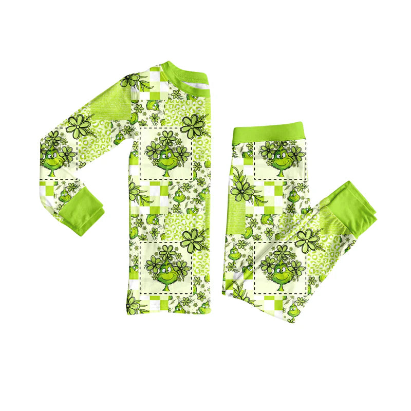 8.4Preorder (moq 5)Baby Girls Green Face Flowers Plaid Top Pant Christmas Pajamas Set