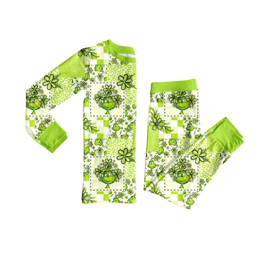 8.4Preorder (moq 5)Baby Girls Green Face Flowers Plaid Top Pant Christmas Pajamas Set
