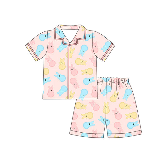 X12.17 Preorder (moq 5)Baby Girls Colorful Rabbits Button Top Shorts Easter Pajamas Sets