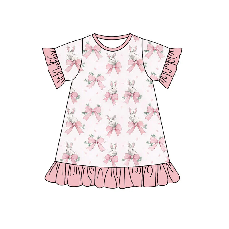 X919Preorder (moq 5)Baby Girls Short Sleeve Bows Rabbits Easter Ruffle Knee Length Dresses