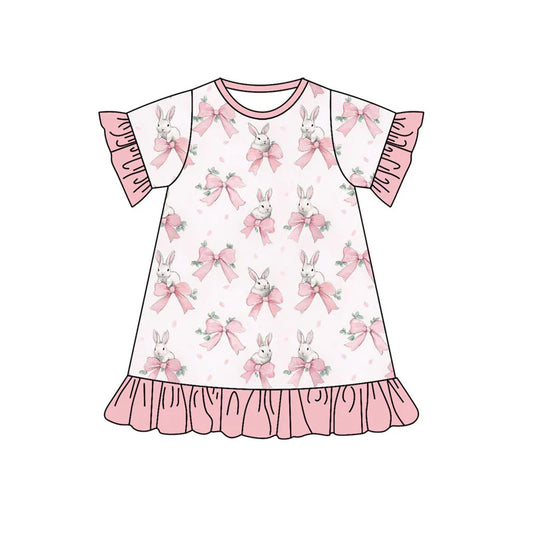 X919Preorder (moq 5)Baby Girls Short Sleeve Bows Rabbits Easter Ruffle Knee Length Dresses
