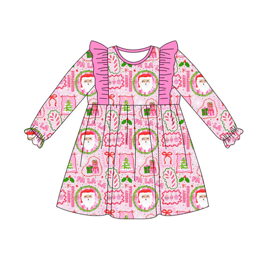 7.21Preorder (moq 5)Baby Girls Long Ruffle Sleeves Pink Santa Bows Plaid Knee Length Dresses