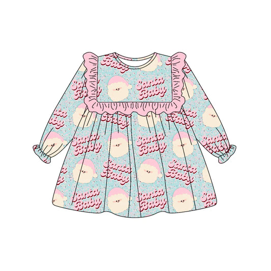 7.11Preorder (moq 5)Baby Girls Long Ruffle Sleeves Pink Santa Babe Knee Length Dresses