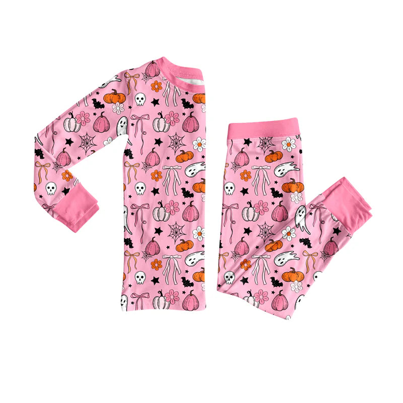 7.10Preorder (moq 5)Baby Girls Long Sleeves Pink Ghost Pumpkins Top Pant Pajamas Clothes Set
