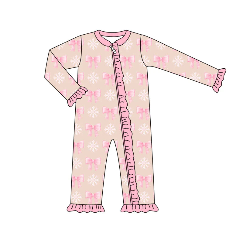 7.15Preorder (moq 5)Baby Girls Pink Long Sleeves Bows Snowflake Plaid Ruffle Zipper Romper