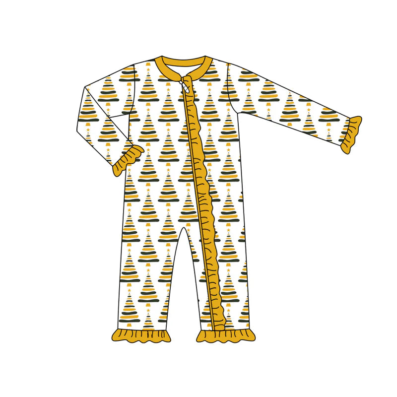 7.15Preorder (moq 5)Baby Girls Long Sleeves Yellow Stripes Trees Plaid Ruffle Zipper Romper