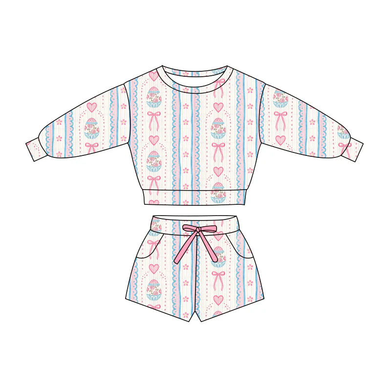 X1.16Preorder (moq 5)Baby Girls Hearts Eggs Bows Stripe Top Pockets Shorts Easter Clothes Sets
