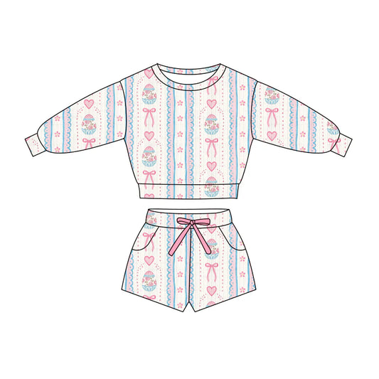 X1.16Preorder (moq 5)Baby Girls Hearts Eggs Bows Stripe Top Pockets Shorts Easter Clothes Sets