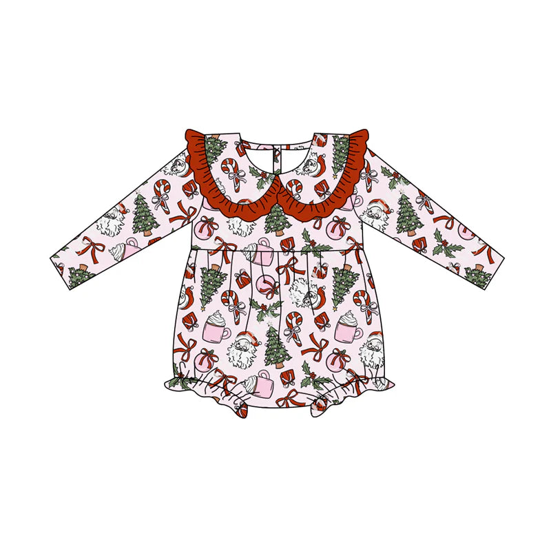 7.15Preorder (moq 5)Baby Girls Long Sleeves Santa Bows Candy Cane Trees Plaid Ruffle Romper